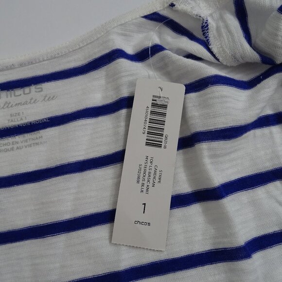 Chicos The Ultimate Tee Open Cardigan Stripe White Blue Women Size 1 M 8 NEW - Picture 6 of 13